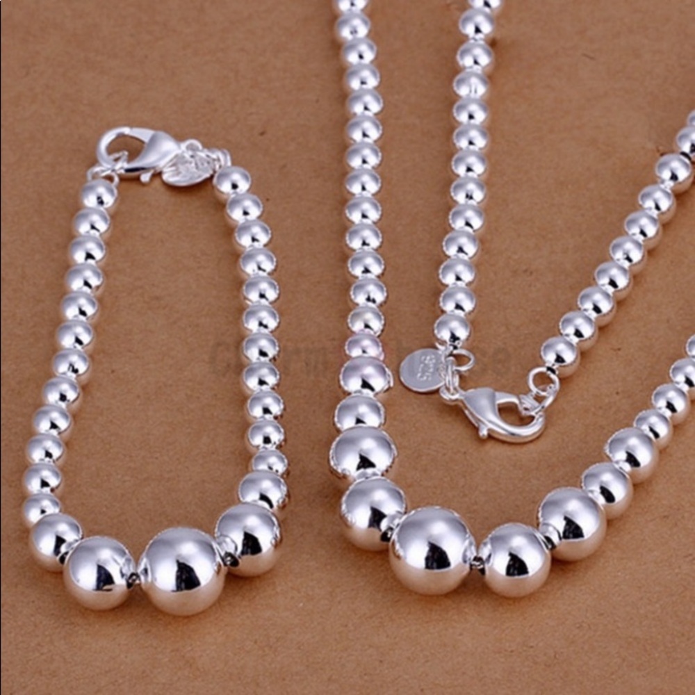 STERLING SILVER BEADED BALL MATCHING NECKLACE BRACELET SET